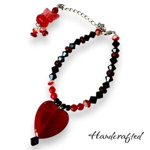 Handcrafted bracelet - 7in with extender and charm. Glass heart and butterfly.